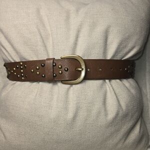VINTAGE BOHO BROWN LEATHER BRASS STUDDED BELT WOMENS